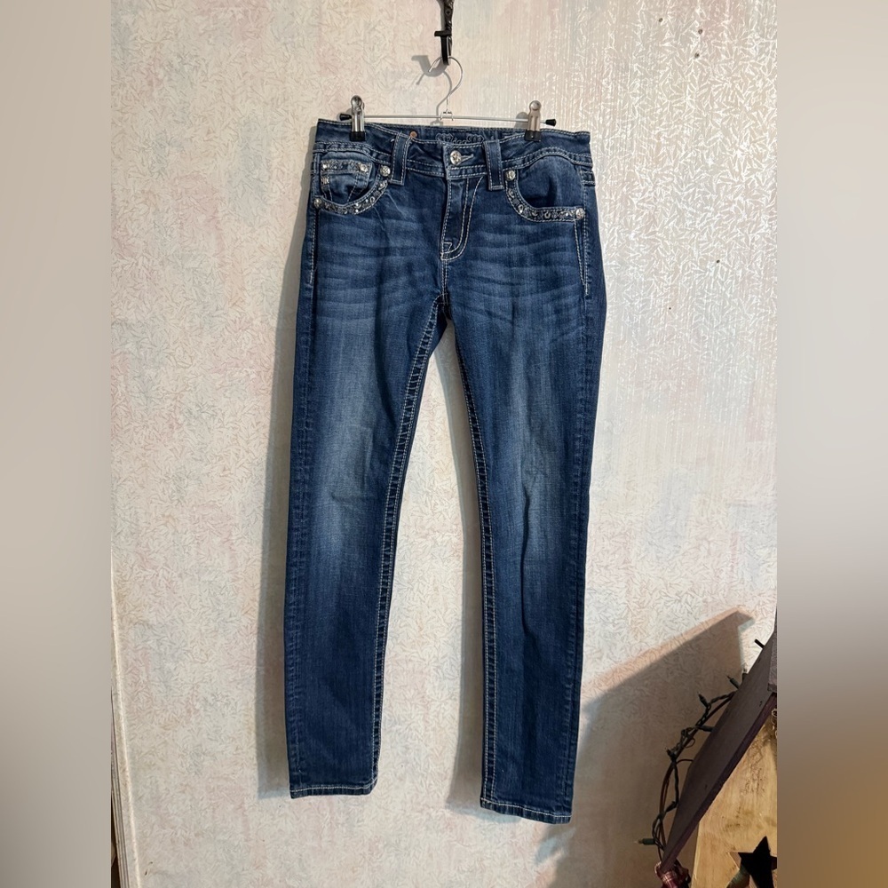 Miss Me Dark Blue Signature Skinny Jeans, Rhinestone & Sparkle, Cotton Blend 28